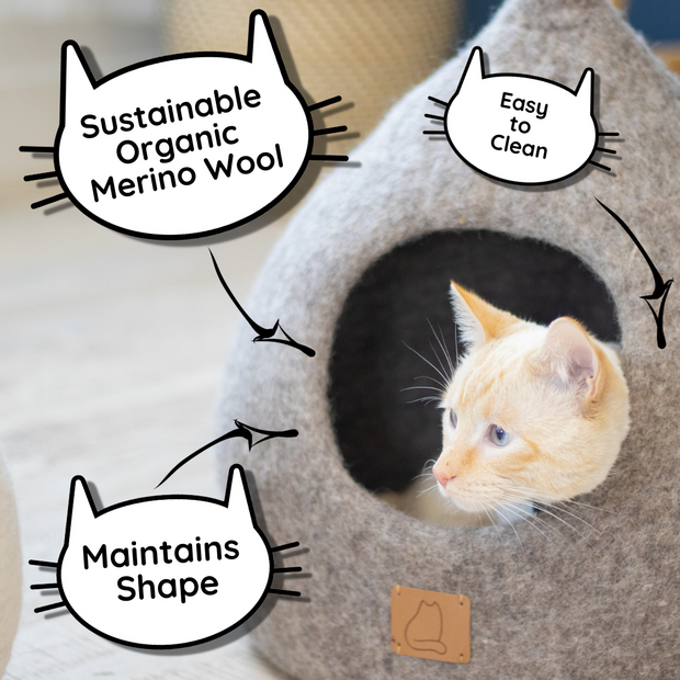 Hochwertiges Katzenhöhlenbett aus gefilzter Wolle – gemütliche, runde Peekaboo-Höhle für große oder kleine Katzen – Steingrau