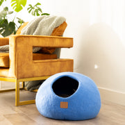 Lit grotte pour chat en laine feutrée de qualité supérieure - Grotte ronde confortable Peekaboo pour grands ou petits chats - Bleu ciel