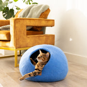 Lit grotte pour chat en laine feutrée de qualité supérieure - Grotte ronde confortable Peekaboo pour grands ou petits chats - Bleu ciel